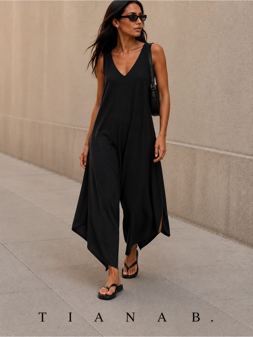 Tiana B. Black V-Neck Flowy Jumpsuit